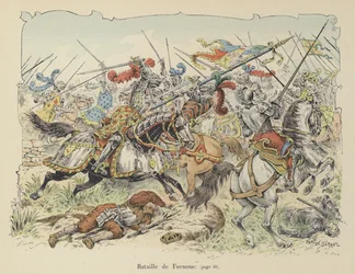 Der Chevalier de Bayard kämpft gegen die Spanier in der Schlacht von Fornovo, Italien, 1495